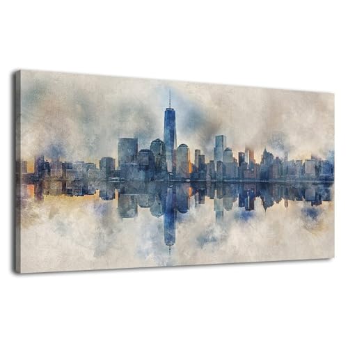 New York City Canvas Wall Art Navy Blue Pictures Abstract Paining City Reflection in Water Canvas Painting Modern City Skyline Canvas Prints Artwork for Living Room Bedroom Office Wall Decor 20" x 40" - color: NYC Skyline, size: 40"L x 20"W