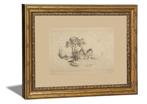 Gold Framed Canvas Wall Art Vintage Country Cottage Sketch Painting Rustic Thatched Farmhouse Tree Landscape Prints for Living Room Bedroom Bathroom Thoughtful gift and Home Decor 12x16 in - color: Farmhouse, size: 12"L x 16"W