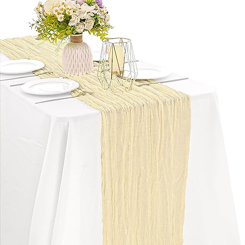 Beige 10FT Cheesecloth Table Runner Boho Gauze Fabric Table Runner Rustic Sheer Runner for Wedding Bridal Baby Shower Birthday Party Boho Table Decor（1 Pack Beige） - color: Beige, size: 35" x 120"-1 Pack