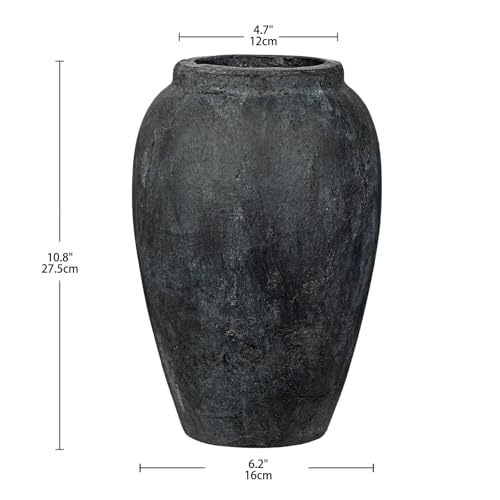 Handcrafted Flower Vase, 10.5" Tall Terracotta Vintage Black Ceramic Vases, Rustic Antique Vase Décor, Wide Mouth, Matte Finish for Home Office Resto Café Décor - color: Lightslategray 10.5"