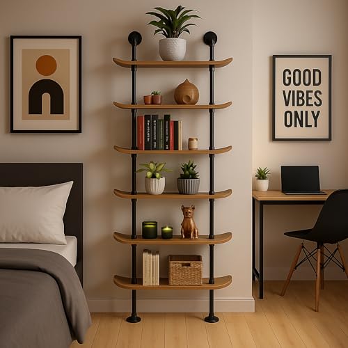 Industrial Pipe Bookcase, 6 Tier Shelf, Natural Wood Stain Finish - size: 6 Tier Shelf