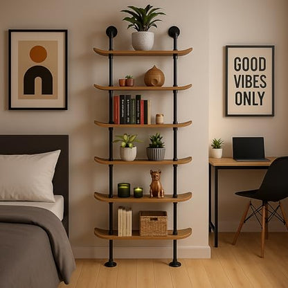 Industrial Pipe Bookcase, 6 Tier Shelf, Natural Wood Stain Finish - size: 6 Tier Shelf