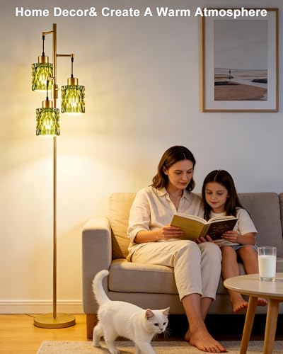 Lightdot Green Glass Floor Lamp Farmhouse Mid Century Standing Tall Lamp - color: 3 Green Glass-Gold G