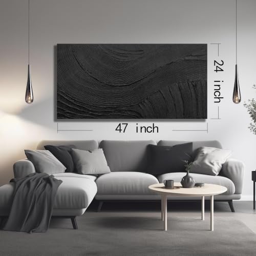 Hand-Painted Minimalist Textured Abstract Black Wall Art for Living Room - color: B&W, size: 47"L x 24"W