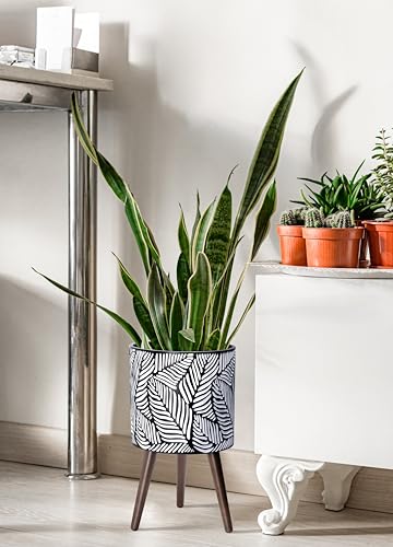 D'vine Dev 12 Inch Planter Pot with Wood Stand, White/Grey, 88-L-C-7 - color: White/Grey, size: Large