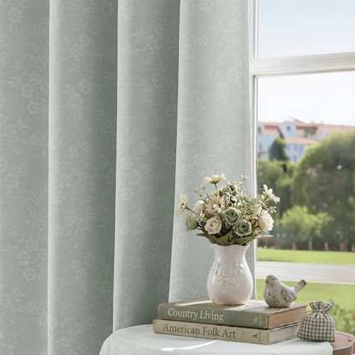 Beauoop Green Floral Jacquard Blackout Curtains for Bedroom 52x63 2 Panels - color: Green, size: 52"W x 63"L (Pack of 2)
