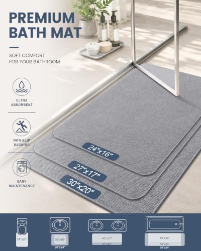 Smiry Ultra Thin Bath Mat 24X16, Non Slip Rubber Washable Bathroom Rugs