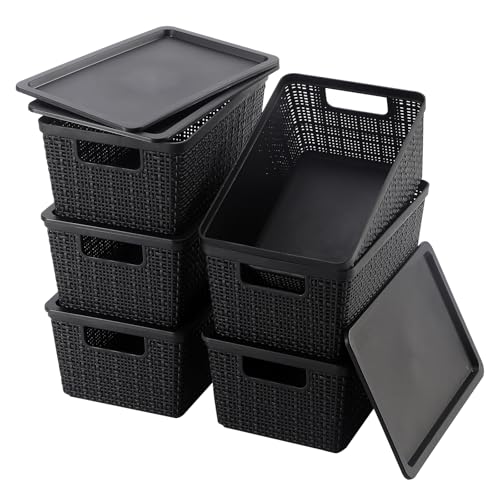 6 Pack Plastic Storage Baskets with Lid,Black Stackable Bins - color: Black