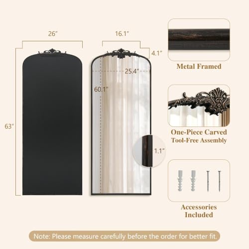 Besdomus Antique Mirror Full Length: 26"x63" Black Long Arched Body Mirrors - color: Black Gold, size: 63"L x 26"W