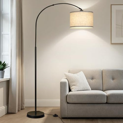 Seaside village Arc Floor Lamps for Living Room, Modern Standing Lamp with Adjustable Hanging Drum Shade, Tall Pole Lamp with Foot Switch, Over Couch Arched Reading Light for Bedroom, Office (Black) - color: Black