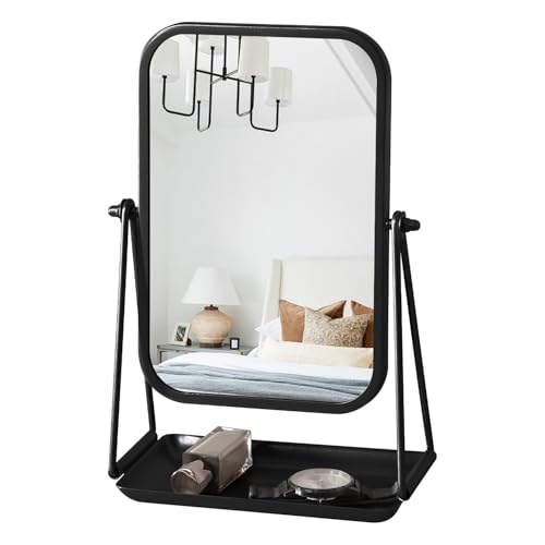 Small Desk Mirror with Storage Tray Tabletop Makeup Mirror Black - color: Rectangular-black