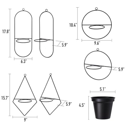 Geometric Wall Planters for Indoor Plants Set of 3 Black Metal Wall Mounted Plant Holder (Diamond & Oval & Round Shapes) with 5 Inch Flower Pots, Modern Hanging Planters for Indoor Decor