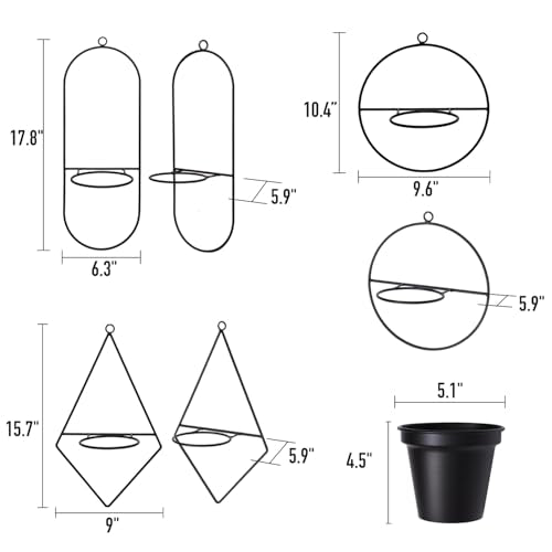 Geometric Wall Planters for Indoor Plants Set of 3 Black Metal Wall Mounted Plant Holder (Diamond & Oval & Round Shapes) with 5 Inch Flower Pots, Modern Hanging Planters for Indoor Decor