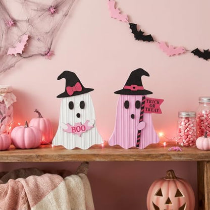 Valery Madelyn Pink Halloween Decor, Set of 2 Cute Halloween Ghost Decor, Witch Hat Boo & Trick or Treat Wooden Tabletop Signs for Home, Shelf, Tiered Tray Party Display, 7 Inch - size: Large