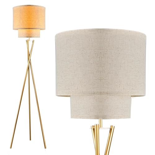 Lightdot Tripod Floor Lamp, Modern Floor Lamps for Living Room, Standing Lamp with Dual Drum, E26 Bulb Included, 67.7" Tall Floor Lamp for Bedroom, Home Office - color: Double Fabric-Gold