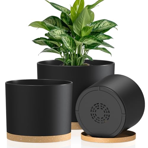 Plant Pots, 10/9/8 Inch 3 Pack Cylindrical Flower Pots with Drainage Holes and Saucers, Plastic Planters for Outdoor Indoor Plants,Black Brown - color: Black With Brown