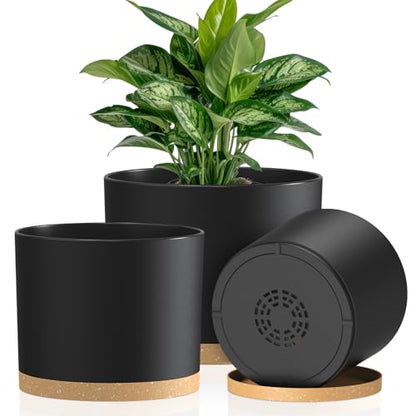 Plant Pots, 10/9/8 Inch 3 Pack Cylindrical Flower Pots with Drainage Holes and Saucers, Plastic Planters for Outdoor Indoor Plants,Black Brown - color: Black With Brown