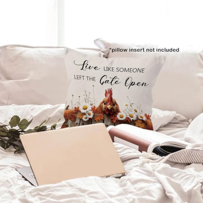 Fall Chicken Daisy Floral Pumpkin Leaves Throw Pillow Covers 18x18 - color: Chicken-02