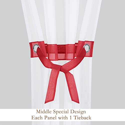 L.Z.E Red and White Sheer Curtains 84 Inches Long 2 Panels Set, Transparent Voile Window Drapes for Living Room & Dining Room with Classic Design, Elegant Grommet Curtain with Tieback - color: Red, size: 56"W x 84"L (Pack of 2)