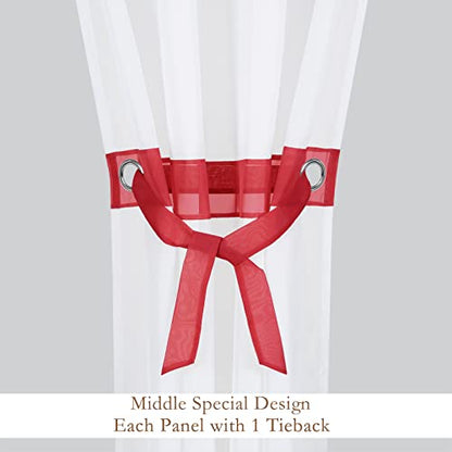 L.Z.E White and Red Sheer Curtains 96 Inch Long 2 Panels Set, Elegant See-Through Window Drapes for Living Room & Dining Room, Grommet Top Curtains with Tiebacks - color: Red, size: 56"W x 96"L (Pack of 2)