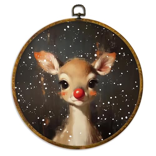 XPH Christmas Red Nose Reindeer Round Wall Art Framed, Christmas Whimsical Deer Circle Wall Decor, Xmas Rustic Winter Deer Hanging Canvas Prints for Home Bedroom Living Room Decoration, 10x10 Inch - color: Christmas 06