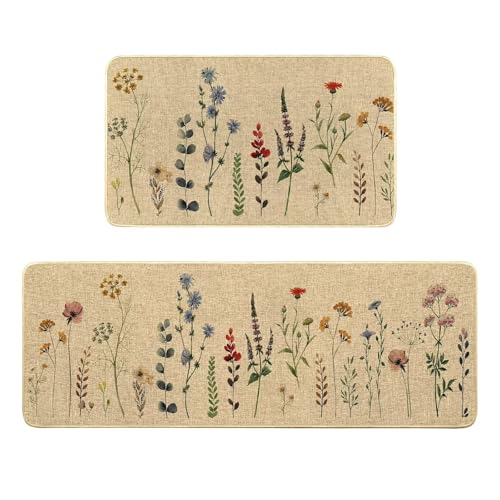 Flowers Spring Kitchen Mats for Floor,Florals Kitchen Rug Set of 2 Washable Floor Mats Non Slip Rubber Rugs Runner Comfort Standing Mat,Vintage Floral Rugs Runners for Sink,Desk,17x29+17x47 inch - color: Beige Blue Green