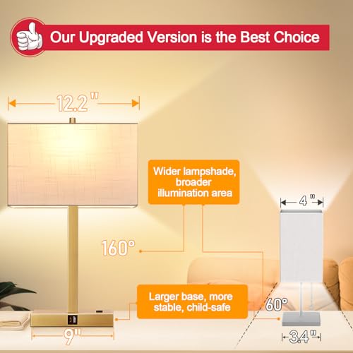 Lynnoland 21" Set of 2 Table lamp with USB A+C & AC Outlets, Touch Control 3-Way Dimmable Nightstand Lamps for Living Room Bedroom Office Reading, Linen Shade Touch Lamps, 3000K LED Bulbs Included - color: Natural Linen & Brushed Gold