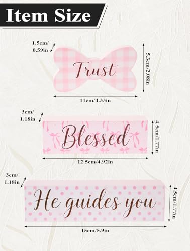 Pink Bow Wooden Tabletop Decor, Trust Blessed He Guides You Block Sign, Farmhouse Rustic Centerpiece for Table Shelf, Easter Christian Faith Home Decoration, Inspirational Gift for Women - size: Pink Bow