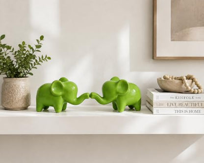 4 Inch Green Ceramic Elephant Figurines Set of 2 - color: Green