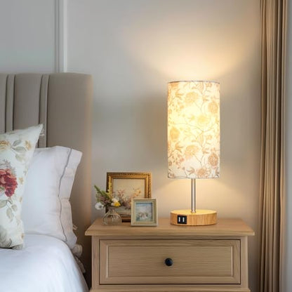 CINSARY Bedside Touch Lamp with Flower Fabric Shade, 3 Way Dimmable Wood Bedroom Lamp for Nightstand with 2 USB Charging Ports, Small Table Lamp for Living Room Reading Desk (LED Bulb Included) - color: Flower2-15" H
