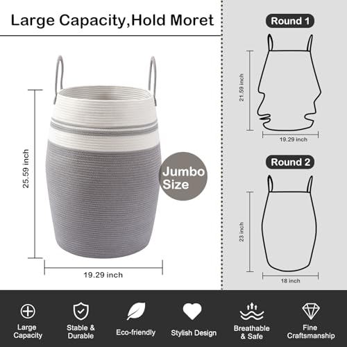 OIAHOMY 105L Laundry Hamper Cotton Rope Large Clothes Hamper White & Grey - color: White & light grey