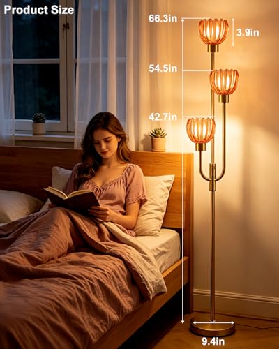 Modern Glass Floor Lamp 66IN 3-Light Red Glass Gold Dimmable Floor Lamps - color: Deep Red Lotus-Gold