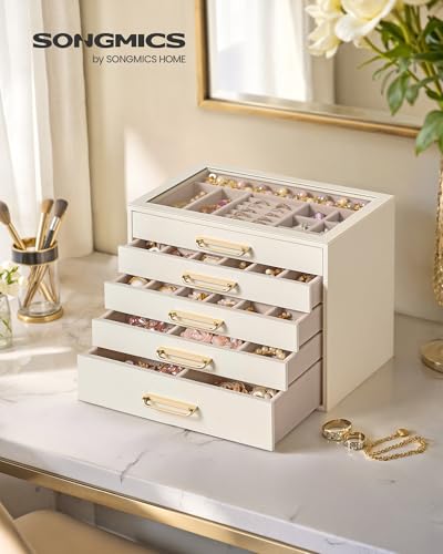 SONGMICS 5-Layer Jewelry Box with Glass Window, 5 Drawers, Golden Handles - color: Cream White, size: 5-Tier