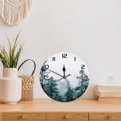 Foggy Pine Tree Forest Wall Clock Battery Operated 10 in Round Wall Clocks Slilent Non Ticking Quartz Analog Clock for Bedroom Kids Living Room Classroom Decor - color: Foggy Pine Tree Forest