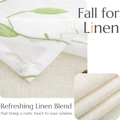 jinchan Sheer Valance Curtain Sage Green Leaf Embroidered 18 Inch 1 Panel - color: Leaves | Green on White