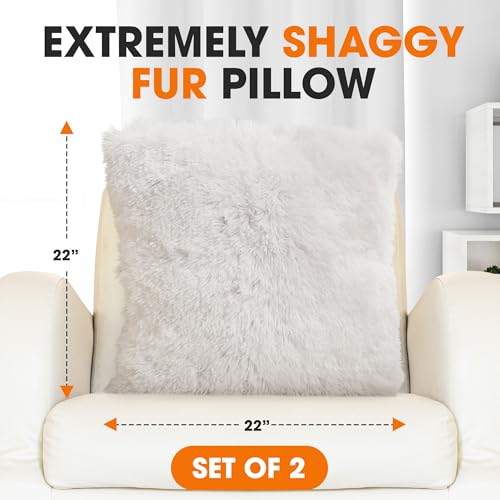 Cheer Collection Throw Pillows for Couch and Bed, Soft Shaggy Throw Pillows with Inserts Included, Cozy Long Hair Faux Fur Pillows - Set of 2-22" x 22" White - color: White, size: 22" x 22"