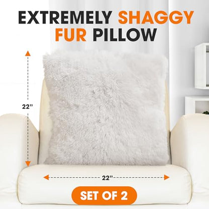 Cheer Collection Throw Pillows for Couch and Bed, Soft Shaggy Throw Pillows with Inserts Included, Cozy Long Hair Faux Fur Pillows - Set of 2-22" x 22" White - color: White, size: 22" x 22"