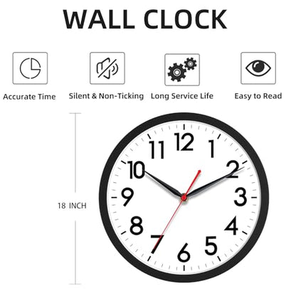 AKCISOT 18 Inch Wall Clock, Silent Battery Operated Analog Clock, Black - color: A_black, size: 18 Inch