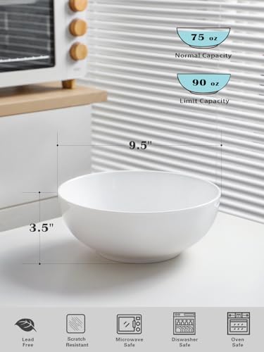 Kanwone Large Serving Bowls - 9.5 inch, 90oz Ceramic Salad Bowls, Fruit Bowls, Pasta, Soup Bowls, Set of 2, Serving Bowls for Entertaining, Microwave and Dishwasher Safe, White - color: White, size: 9.5 Inch