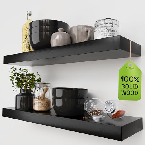 Solid Wood Floating Shelves for Wall 24 inch Black, Wooden Bathroom Shelf - color: Black, size: 24 Inch