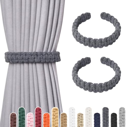 NICEEC 2 Pack Natural Cotton Rope Curtain Tiebacks Farmhouse Rustic Style Decorative Drape Tie Backs Handmade Braided Curtain Holdbacks for Home & Office Sheer/Light Weight Drapery (C-Dark Grey-L) - color: Dark Grey-large, size: 2 Pack