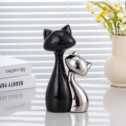 SURE YUESI Ceramic Cat Statue Set of 2, Black & Silver Cute Cat Figurines, Desk & Shelf Decor for Cat Lovers, Office Home Decor, Lucky Cat Memorial Gift for Women