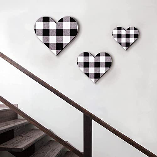 Jetec 3 Pcs Wood Heart Wall Decor Farmhouse Plaque, Black and White Plaid - style: Black and White Plaid
