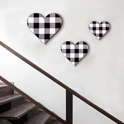 Jetec 3 Pcs Wood Heart Wall Decor Farmhouse Plaque, Black and White Plaid - style: Black and White Plaid