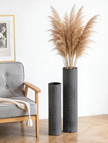 Sziqiqi Black Tall Floor Vase, Metal Floor Standing with Woven Texture - color: Black