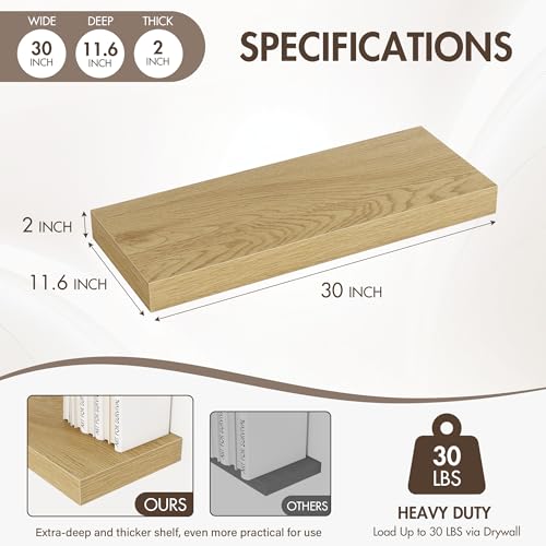 Acovy 30 Inch Floating Shelves, 12" Deep Floating Shelf Wall Mounted, 30" Wall Shelves, Rustic Deep Bookshelf, Extra Deeper & Thicker Display Shelves for Bedroom, Living Room, Oak, Set of 2 - color: Oak, size: 12"Wx30"L-2pcs