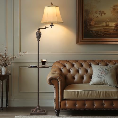 Traditional Floor Lamp withTray,Remote Dimmable,350°Swing Arm,Antique Black - color: Antique black-13