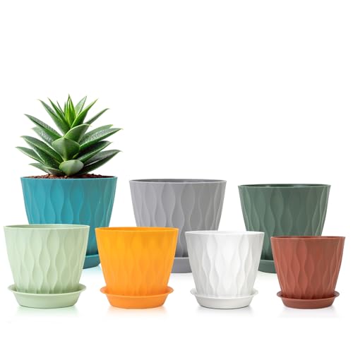 GARDIFE 7 Pack Plant Pots 4-7 inch with Drainage Holes and Tray, Green - color: Color-green