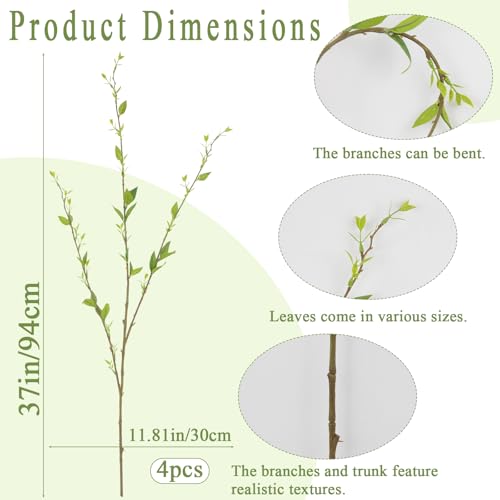4Pcs Artificial Branches with Leaves Green 37" Faux Greenery Stems for Vase Filler Fake Ficus Twig Plants for Home Indoor Tall Vase Tables Centerpieces Office Wedding Party Decoration - color: Faux Branches- Green