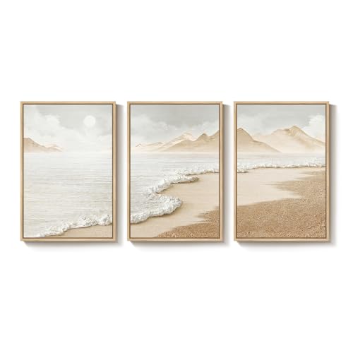 Large Framed Boho Abstract Beach Wall Art for Living Room, 24x36 Inch - color: Neutral, size: 24" W x 36" H x 3Pcs